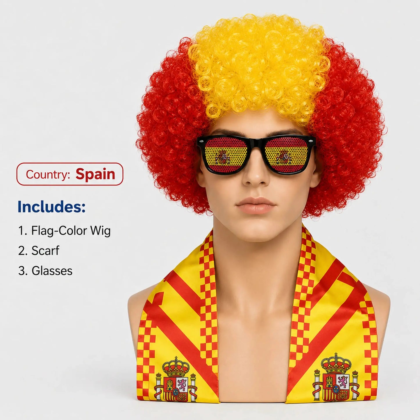 World Cup Flag Color Wig Glasses Set, Kinky Curly Wig Fan Hair Including Scarf Glasses Set European Cup National Team Dress - ToylandEU