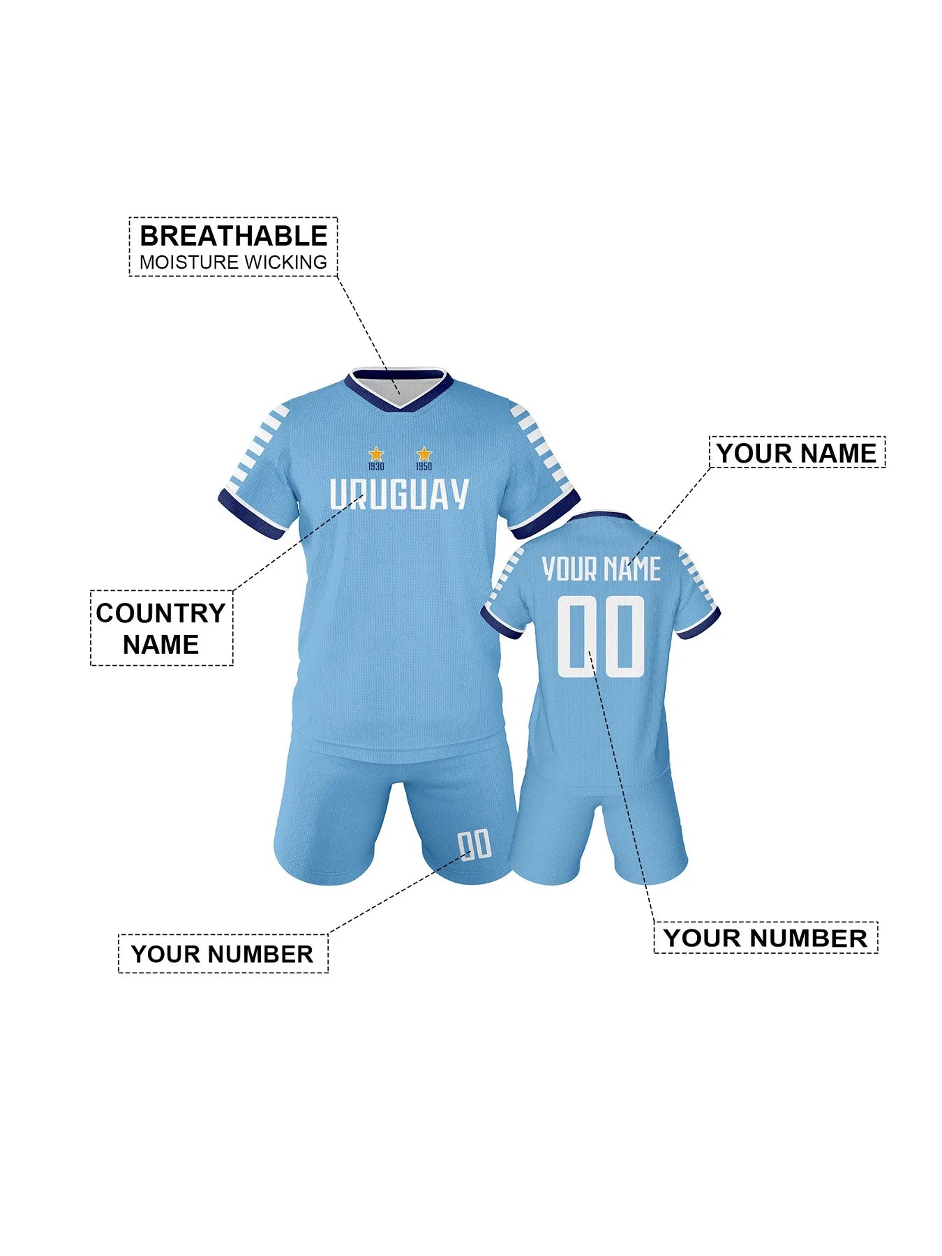 Customizable Kids Uruguay Soccer Training Jersey - Personalized Youth Football Tracksuit with Name & Number