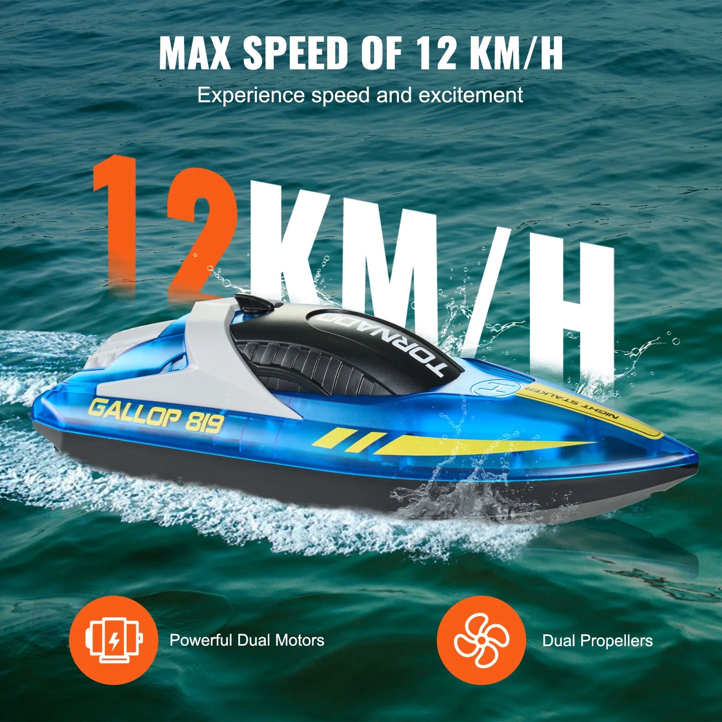 RC VEVOR HJ819 Fast RC Racing Boat - 2.4GHz Remote Control Water Speed Toy for Kids and Adults, Max Speed 12 km/h