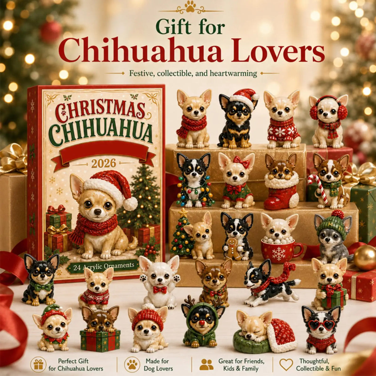 Advent Calendar | 24 Day Chihuahua Pendants | 2D Flat Acrylic Ornaments | Gift For Dog Lovers