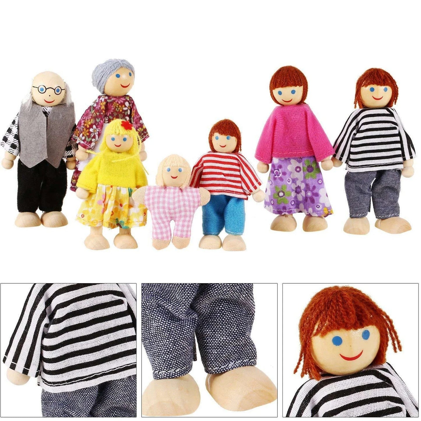 Wooden Family Member Dolls Set for Kids Pretend Play - 7 Pieces