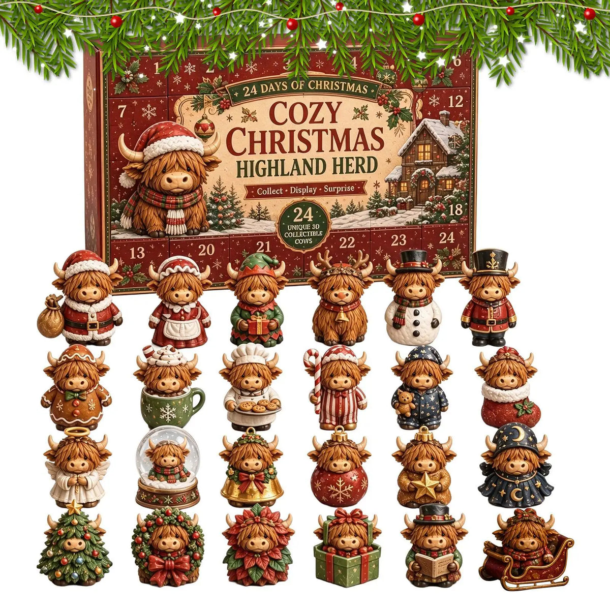 Advent Calendar | 24 Day Cow Ornaments | 2D Acrylic Festive Decor | Collectible Gift For Kids And Adults