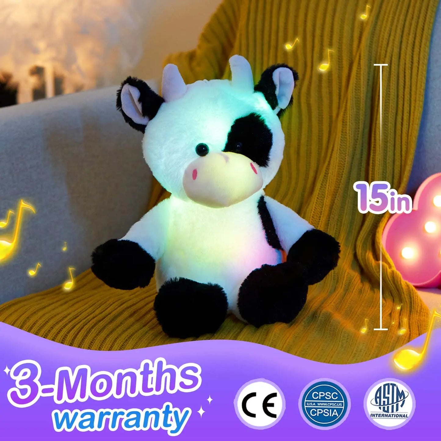 Light-Up 38cm Plush Cow Toy with Lullaby Music - ToylandEU