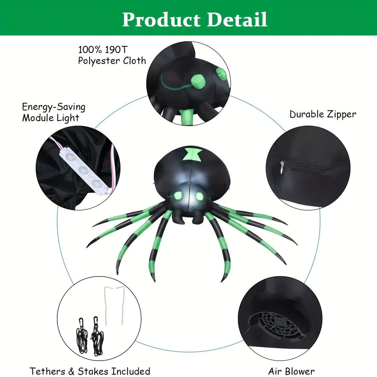 Inflatable Spider Decor | 7.2 Ft LED Glow | Includes Blower | Outdoor Yard Display