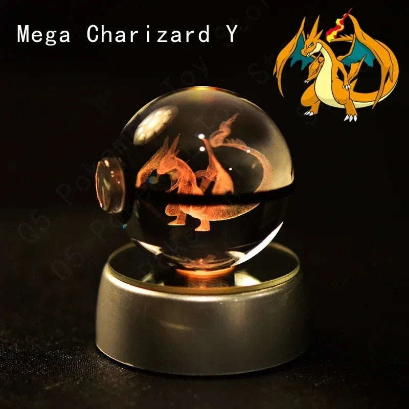 Pokemon 3D Crystal Ball Pokeballs with LED Light Base, Kids Anime Toy Gifts