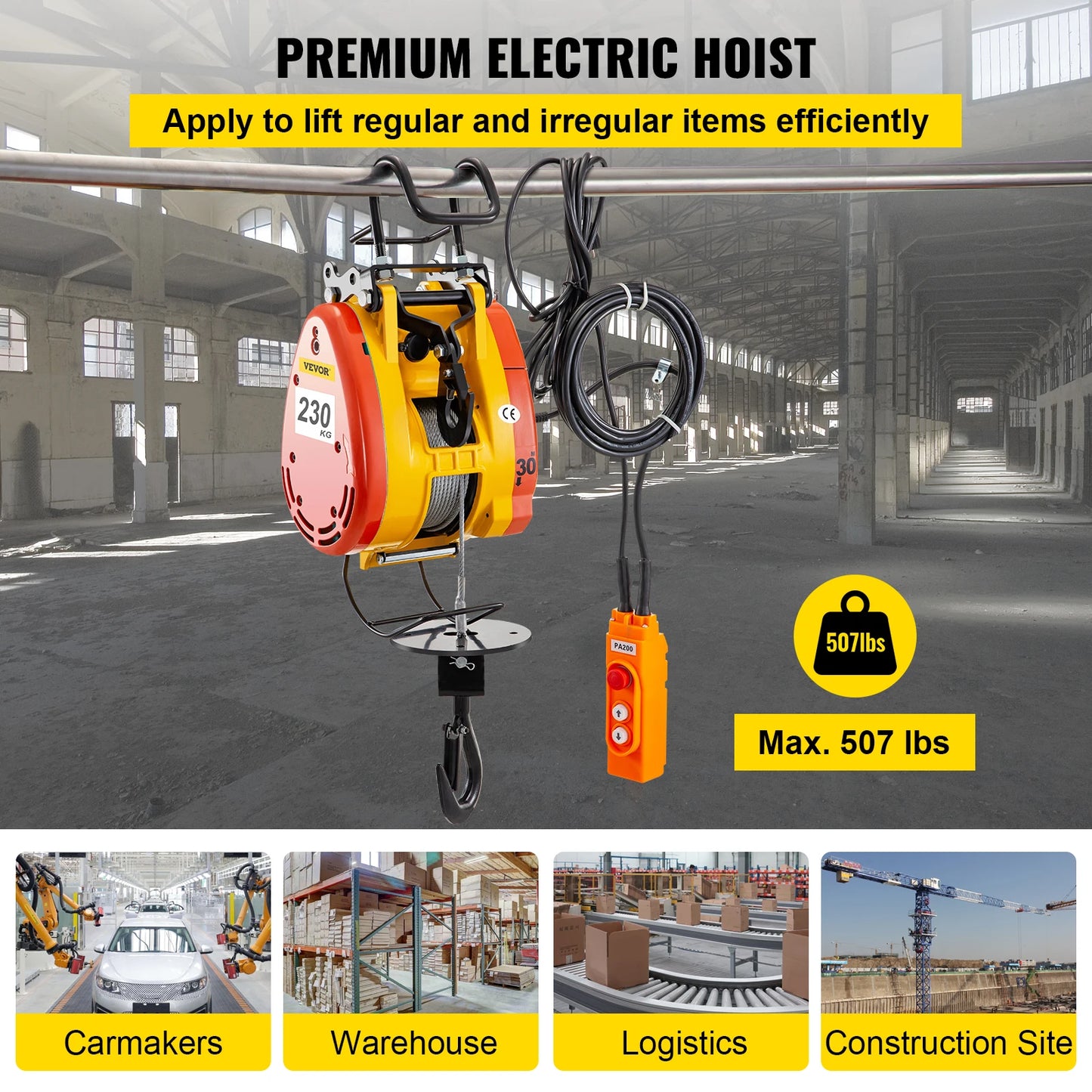 VEVOR 507lbs Electric Chain Hoist with 98ft Rope & Remote Control