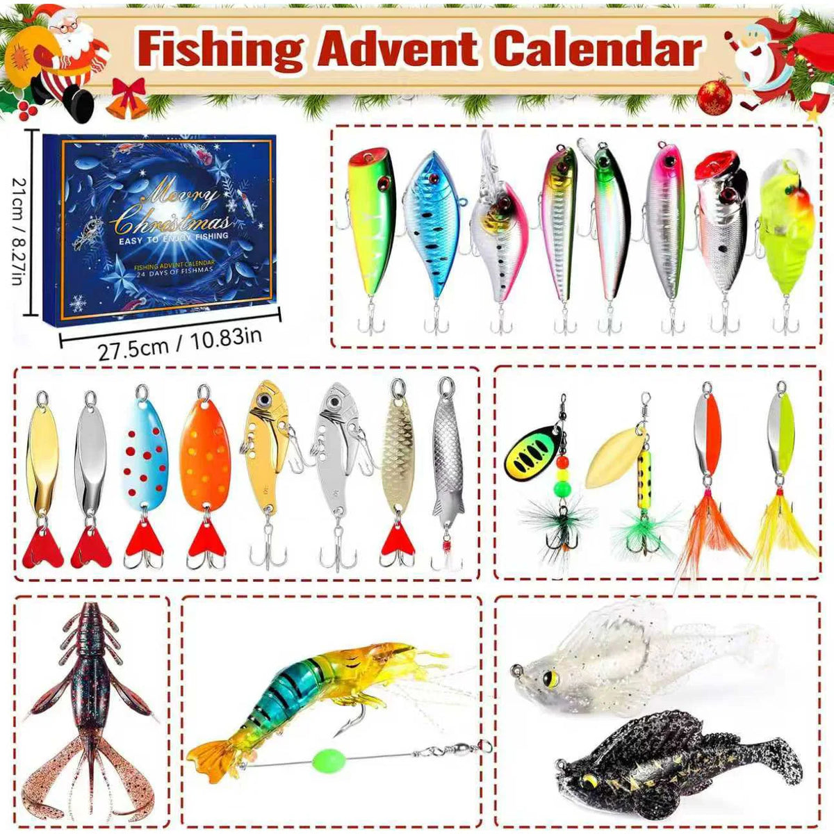Advent Calendar | 24 Day Fishing Lure Set | Assorted Minnow Spoon Frog And Shrimp Baits | Gift For Anglers