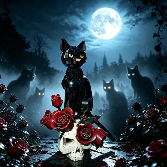 Building Blocks | 1576 Pieces | Black Rose Skull Cat | Desktop Model Kit