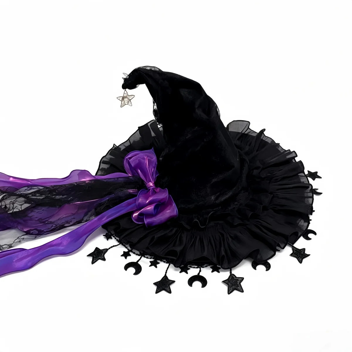 Lace Velvet Witch Hat | Moon Pendant Trim | Lace Edge Detail | Adult Party Wear