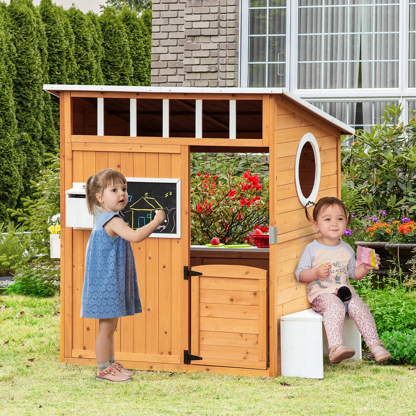 Wooden Playhouse for Kids Outdoor Backyard Fun with Working Door
