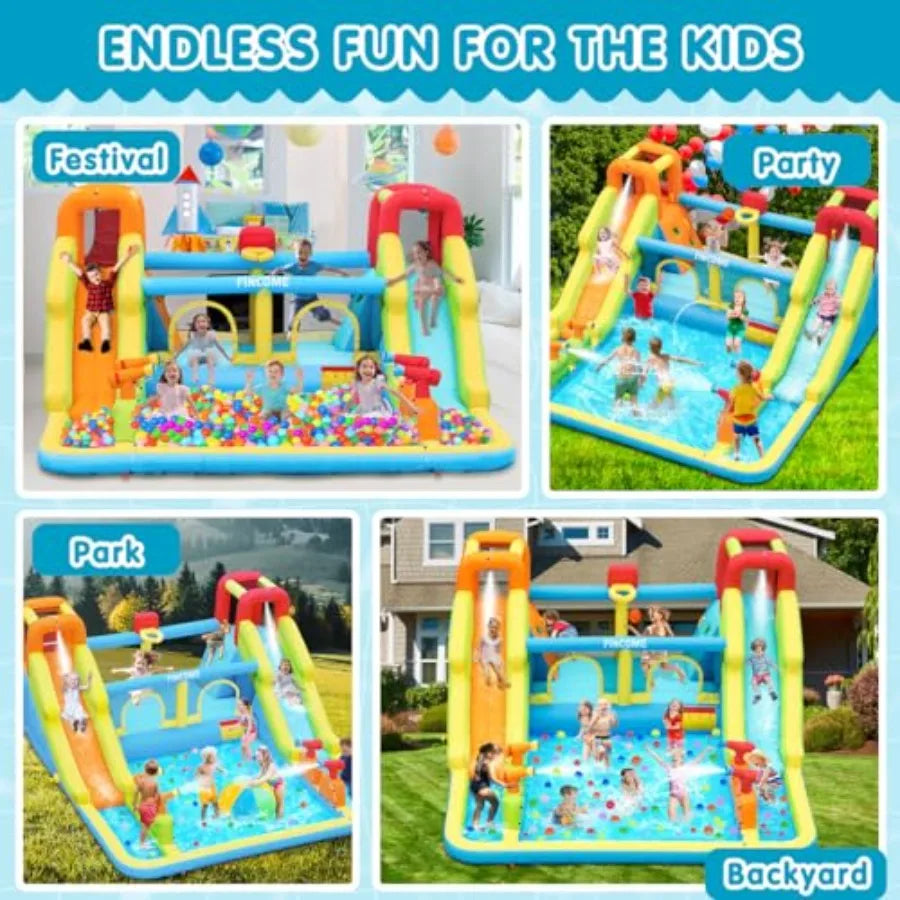 Inflatable Water Bounce House With Double Slides And Air Blower