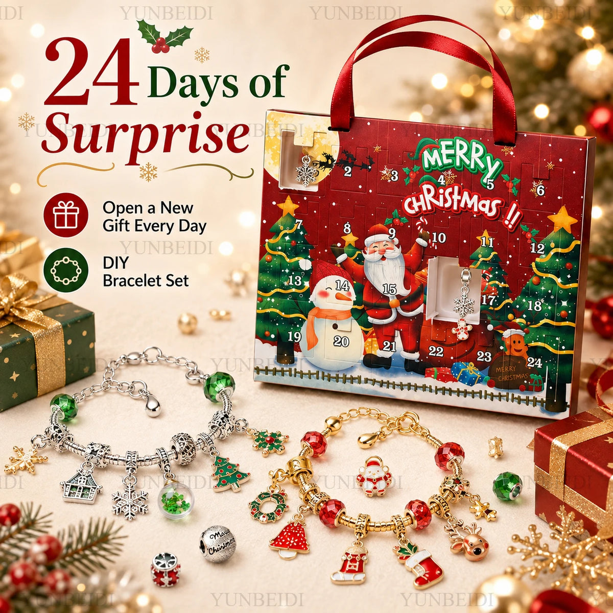 Advent Calendar | 24 Slot Charm Bracelet Blind Box | Alloy DIY Jewelry Set | Santa Series Gift