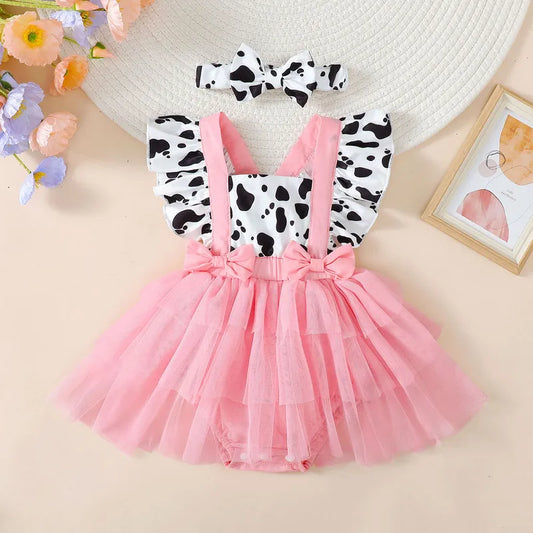 Cow Print Summer Baby Girls Romper With Tulle Patchwork Headband