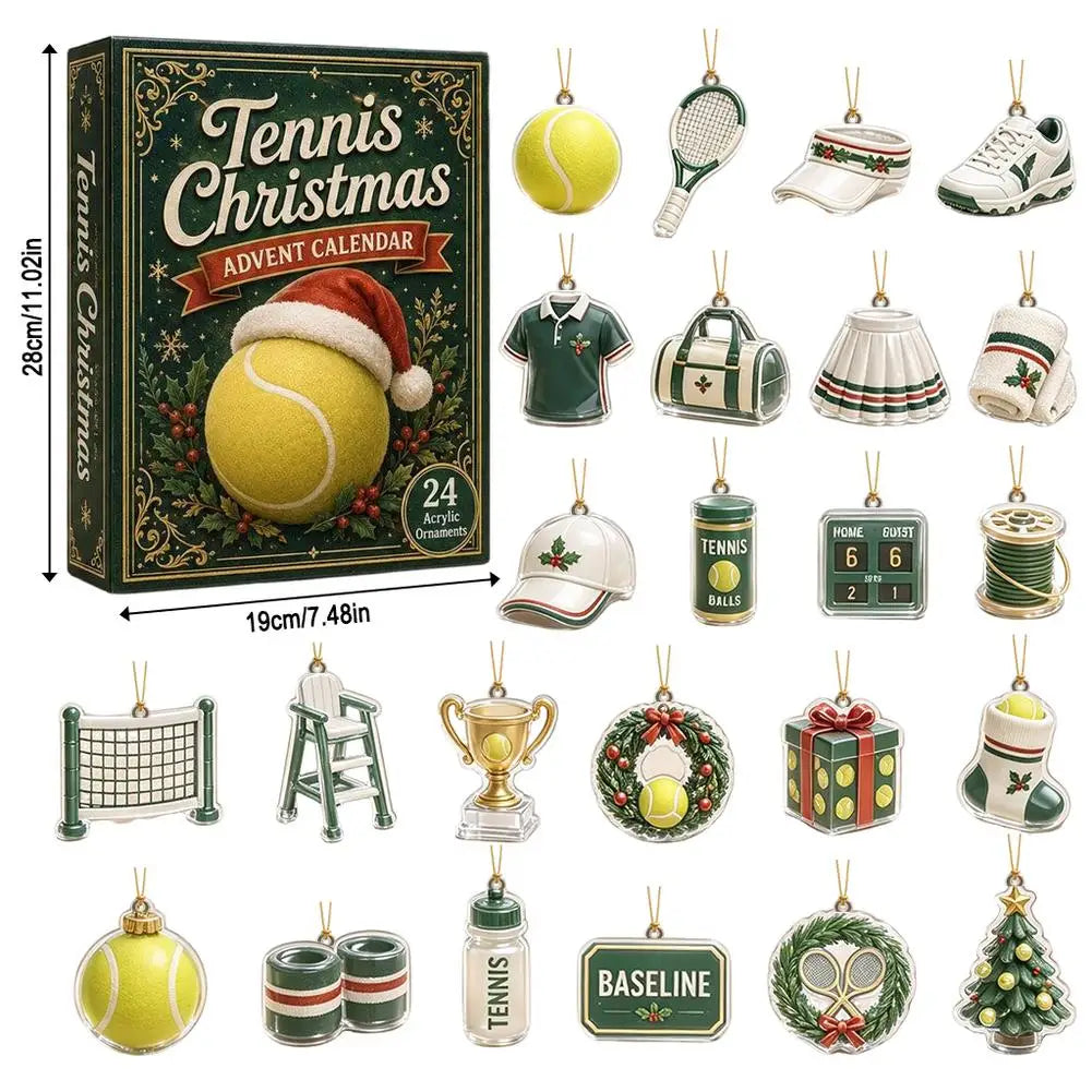 Advent Calendar | 24 Day Tennis Theme | Acrylic Visors Nets And Trophies | Sports Christmas Tree Ornaments