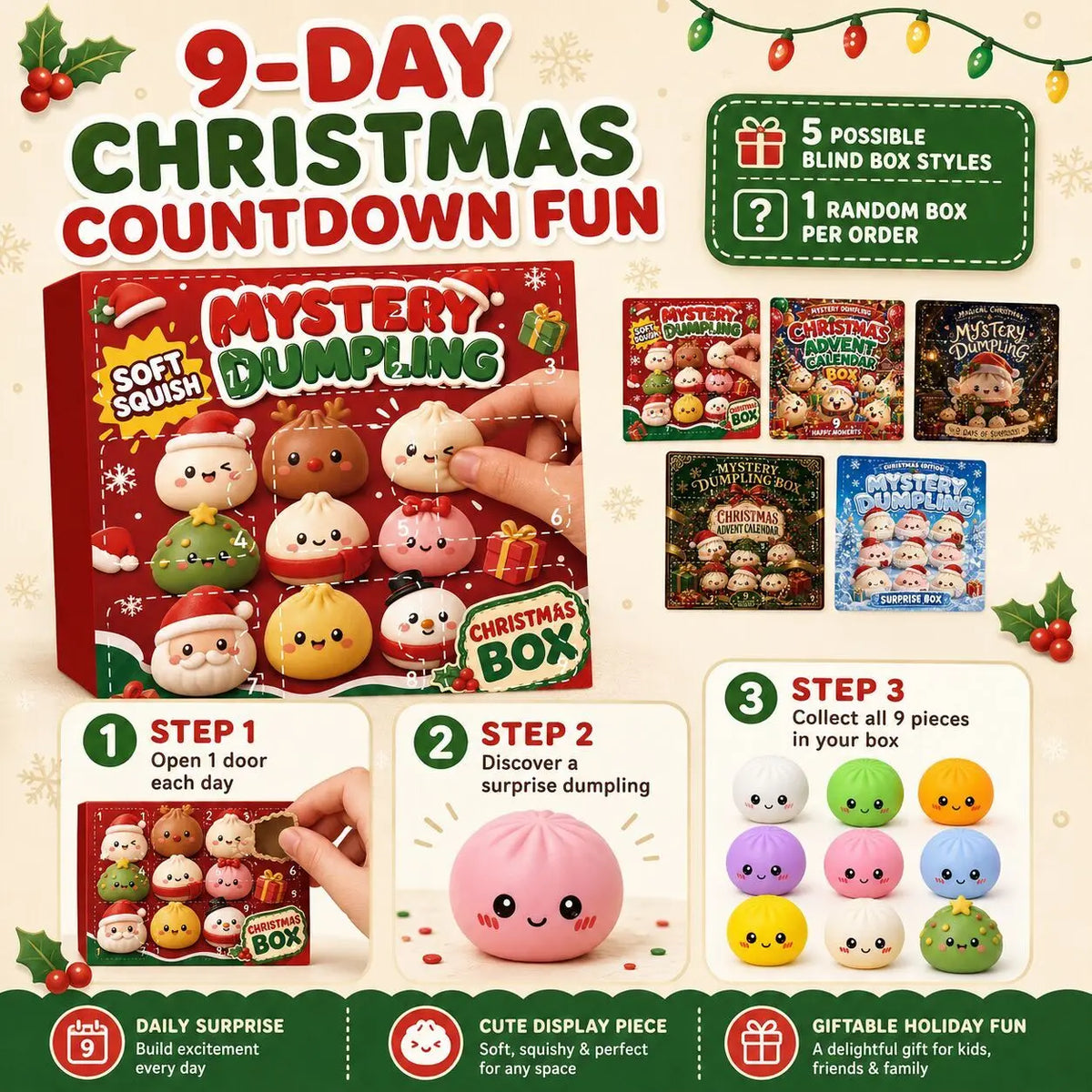 Advent Calendar | 9 Day Dumpling Fidget Squishies | Mystery Blind Box | Squeeze Sensory Holiday Gift