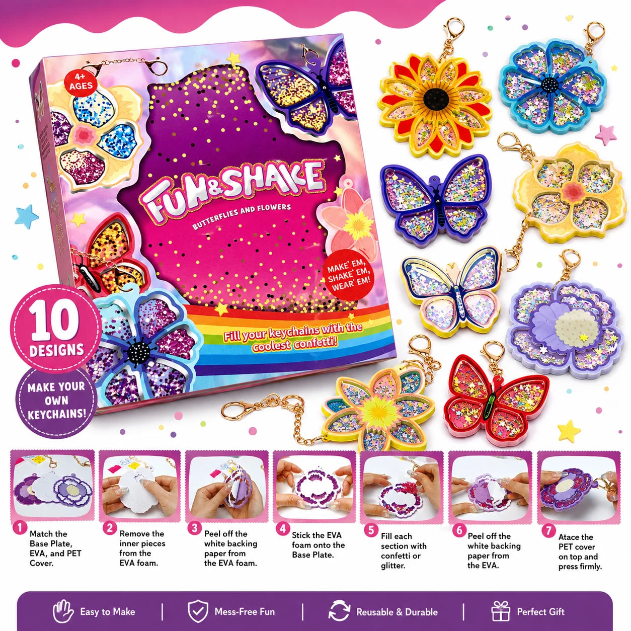 DIY Keychain Kit | Glitter Butterfly Shaker | Ages 3-12 | Gift Pack 4-8