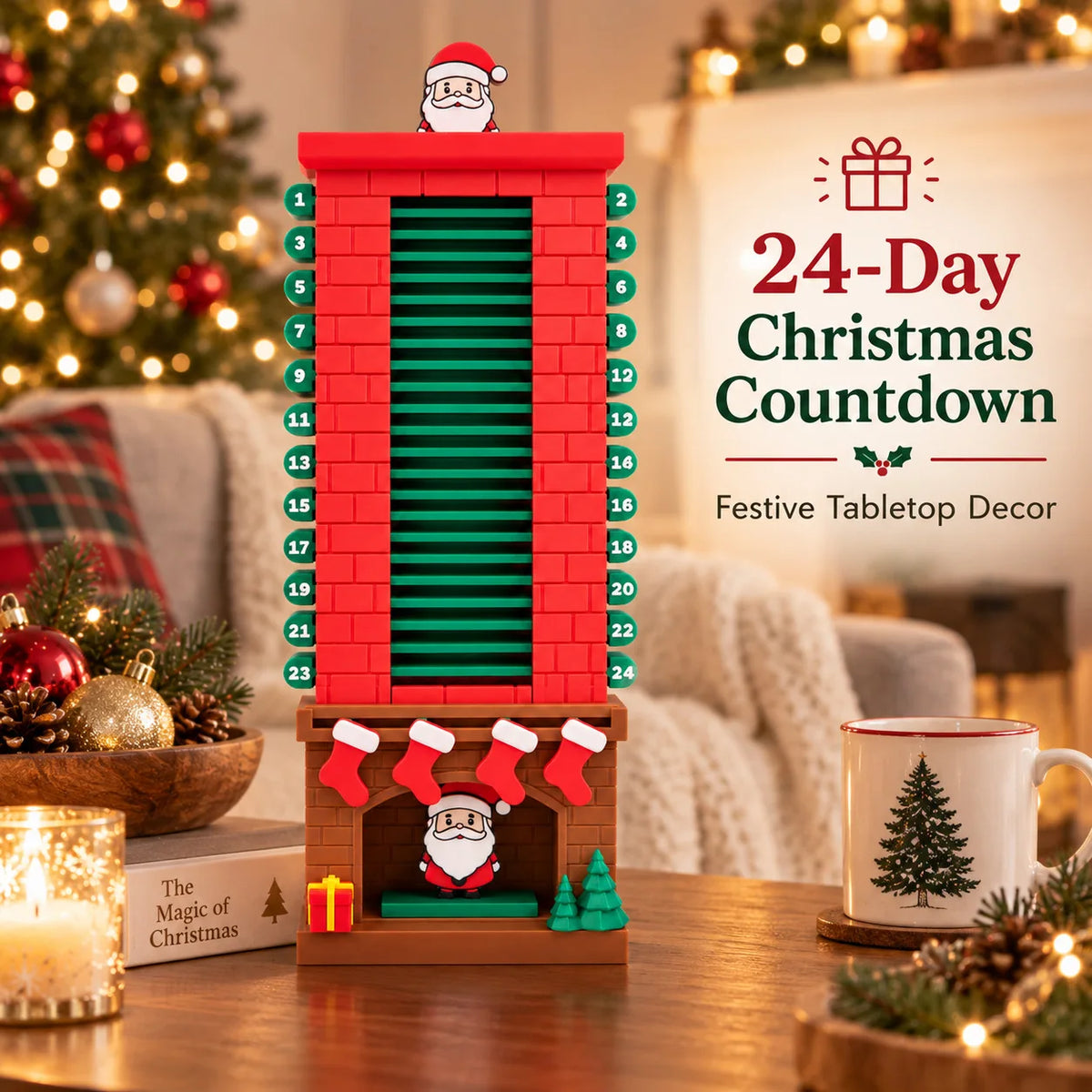 Wooden Advent Calendar | 24 Day Countdown | Santa Claus Desk Ornament