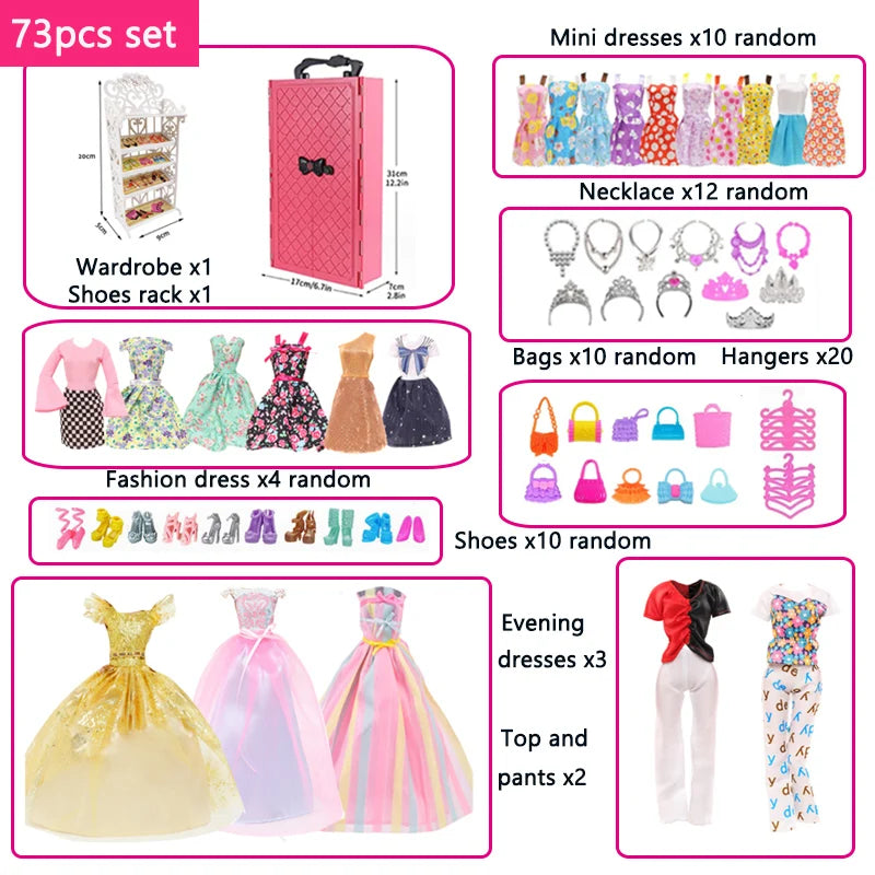 Extensive Doll Accessories Wardrobe Set With 73 Pieces