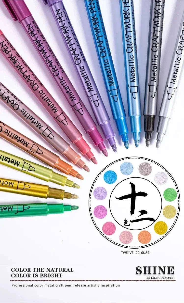 12 Colors Metallic Markers Pens Silver Gold Paint Pens for Black Paper, Glass, Rock Painting