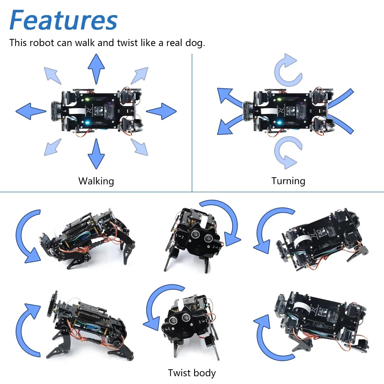 Freenove Robot Dog Kit for ESP32-WROVER CAM, Dual-core 32-bit 240MHz, Touch Sensor, Ultrasonic Ranging, Buzzer RGB LED Servo App - ToylandEU