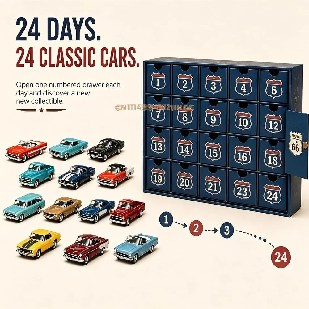 Advent Calendar | 2026 Classic American Cars | 24 Die Cast Vehicles | Vintage Collectible Gift Set