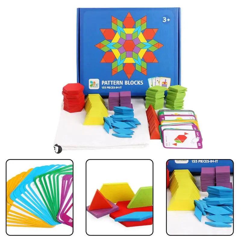 Wooden Geometric Shapes Puzzle Set - 155 Piece Math Learning Bricks for Preschoolers