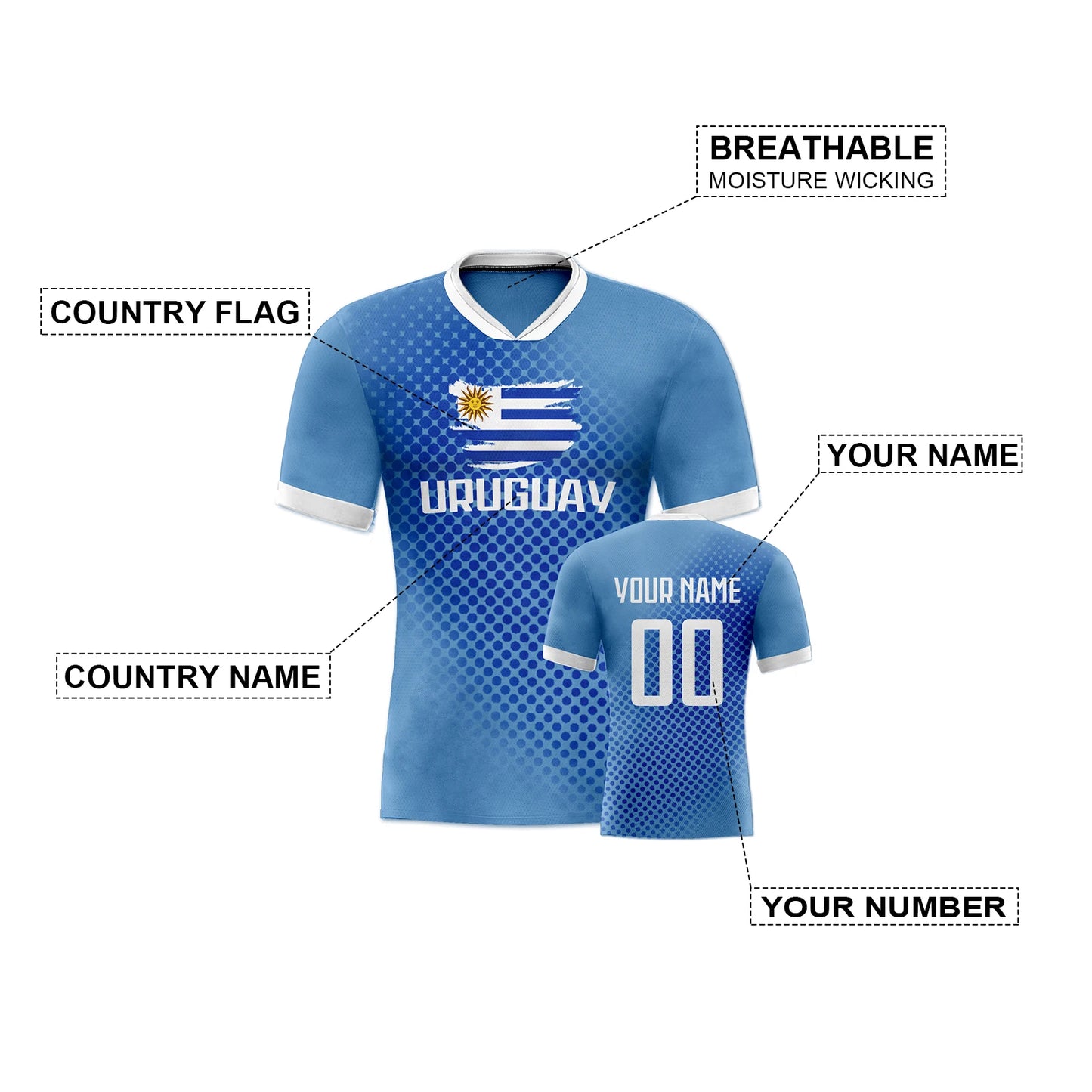 Personalized Uruguay Soccer Jersey for Men and Women - Breathable Custom Football Team Uniform with Name and Number for Youth Fans