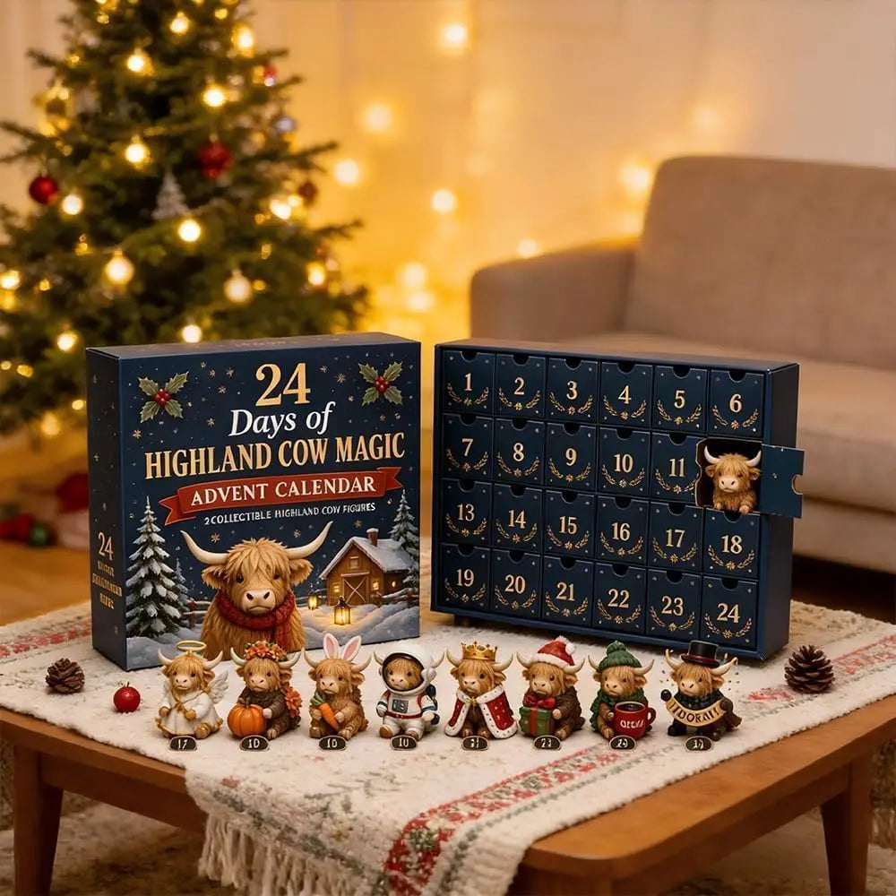 Advent Calendar | 24 Day Highland Cow Collectibles | Cloth Calendar With Figurines | Holiday Countdown Decor