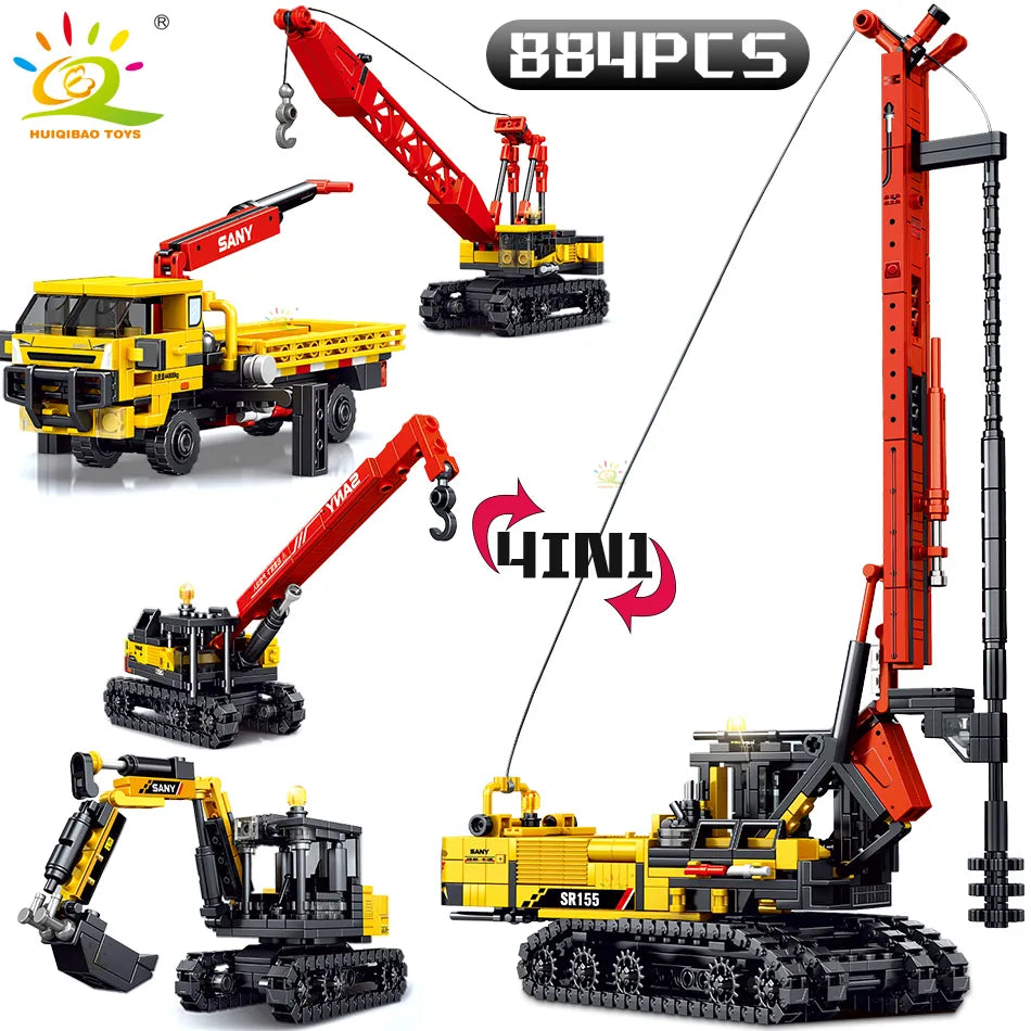 HUIQIBAO 884PCS 4in1 Engineering Piling Machine Building Block Crane - ToylandEU