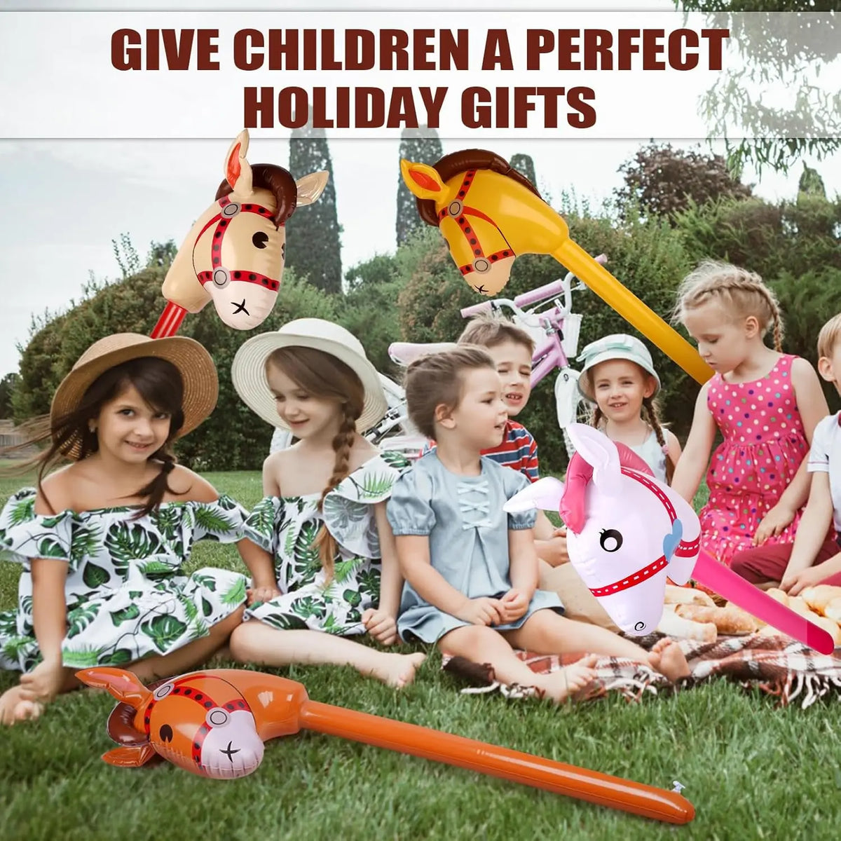 Inflatable Stick Horse | Large Size PVC Material | Kids Party Blow Up 3 Or 5 Pack