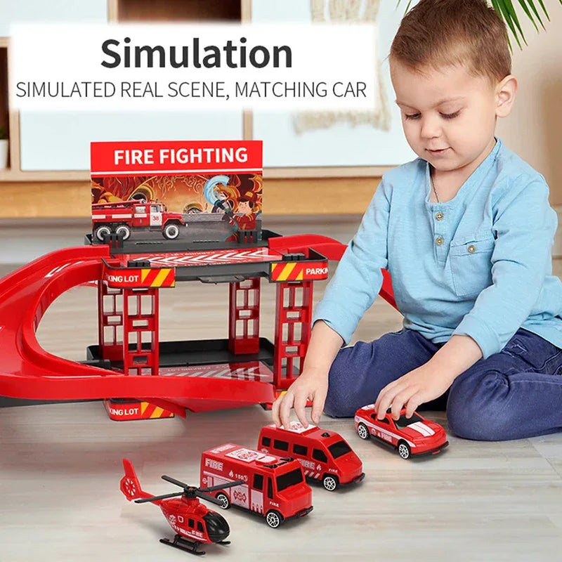 Durable Diecast Police Cars And Fire Engine Parking Track Set - ToylandEU