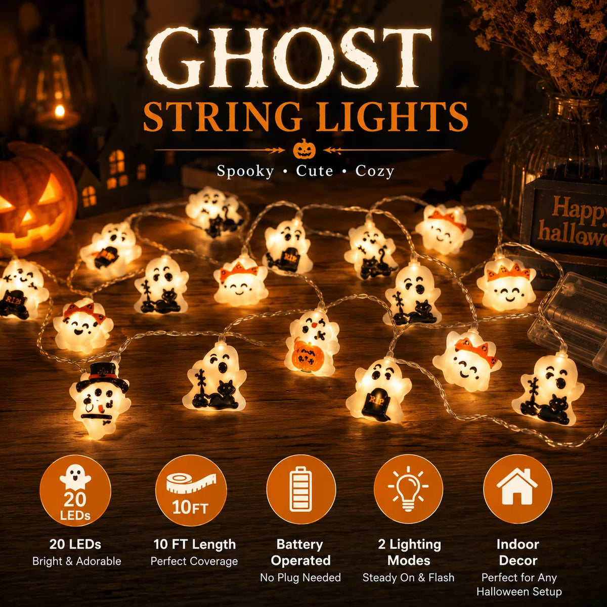 Halloween String Lights | 20 LED Warm White | Battery Operated | Pumpkin Ghost