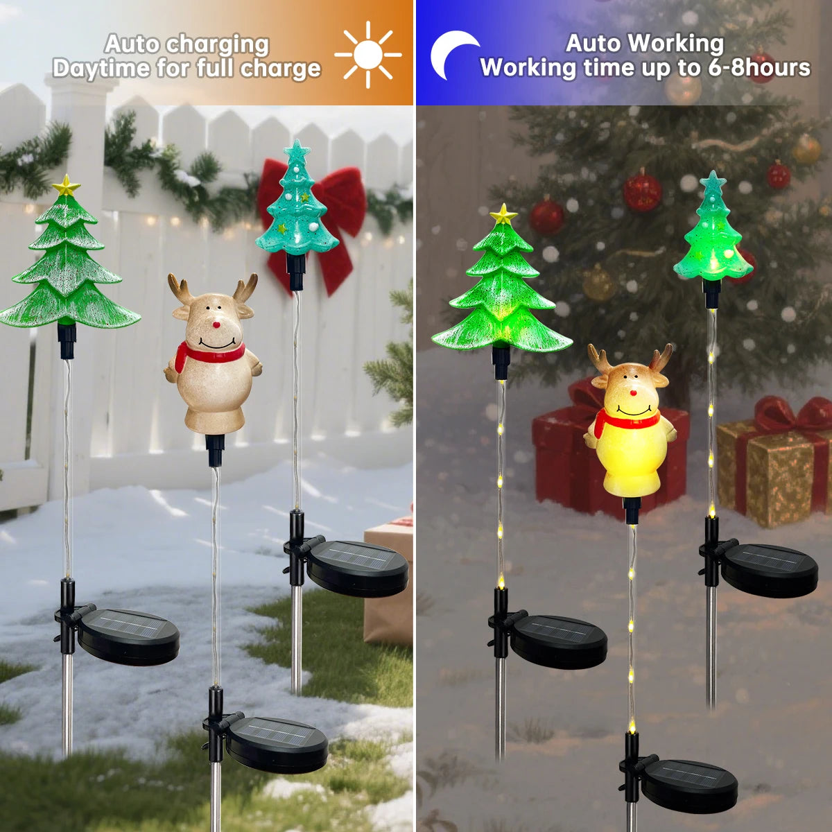 Solar Christmas Stake Lights | 8 Light Modes | Outdoor Santa, Reindeer and Tree