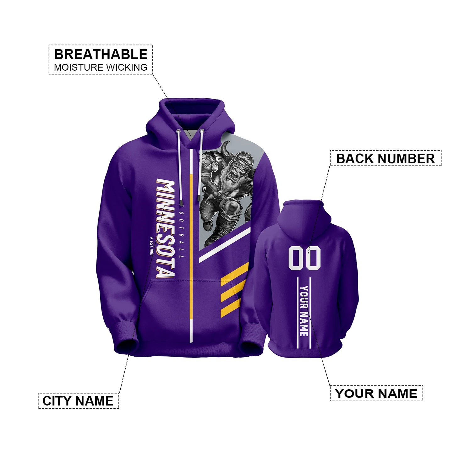 Personalized Minnesota 3D Printed American Football Hoodie - Custom Name and Number Sweatshirt for Men, Women, and Youth Fans