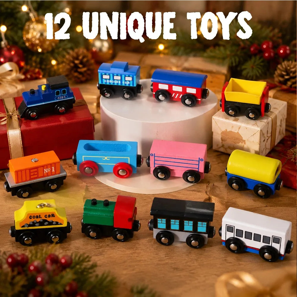 Advent Calendar | 12 Day Wooden Train Cars | Magnetic Train Set For Boys And Kids | Classroom Prizes Party Favor