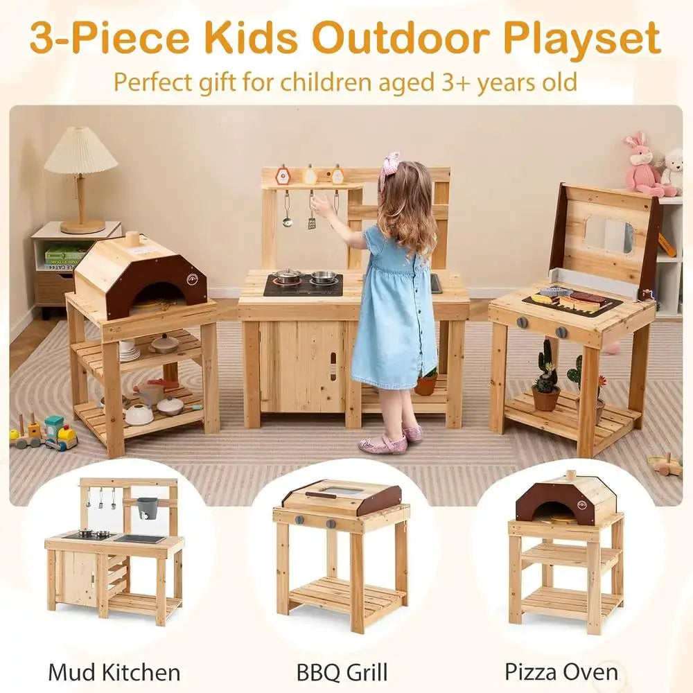 3-Piece Wooden Play Kitchen Set with BBQ Grill & Pizza Oven, 14 Accessories, Sink, Stoves for Kids 3+ Years - ToylandEU