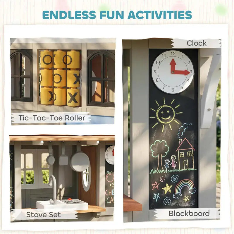 Wooden Outdoor Playhouse For Kids With Dog Door Kitchen