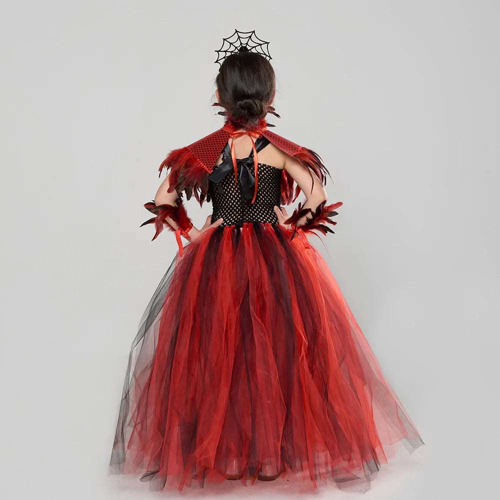 Elegant Red Mesh Demon Witch Dress for Girls - Vampire Cosplay Costume for Carnival and Halloween Parties