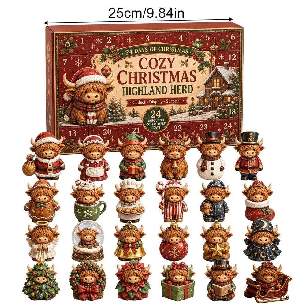 Advent Calendar | 24 Day Cow Ornaments | 2D Acrylic Festive Decor | Collectible Gift For Kids And Adults