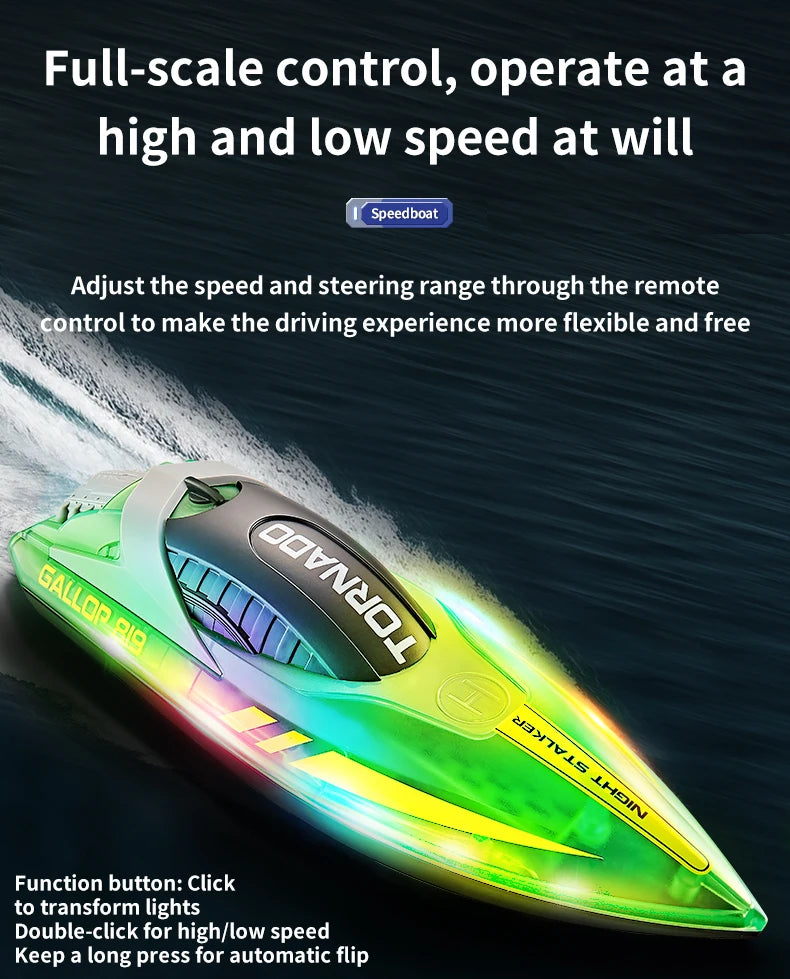 RC High-Speed RC Speedboat with LED Lights - Rechargeable, Waterproof Fun for Kids - 2-Hour Endurance Outdoor Toy