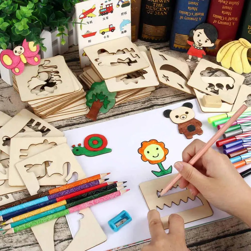 20pcs Montessori Wooden Drawing Toys DIY Painting Template Stencils - ToylandEU