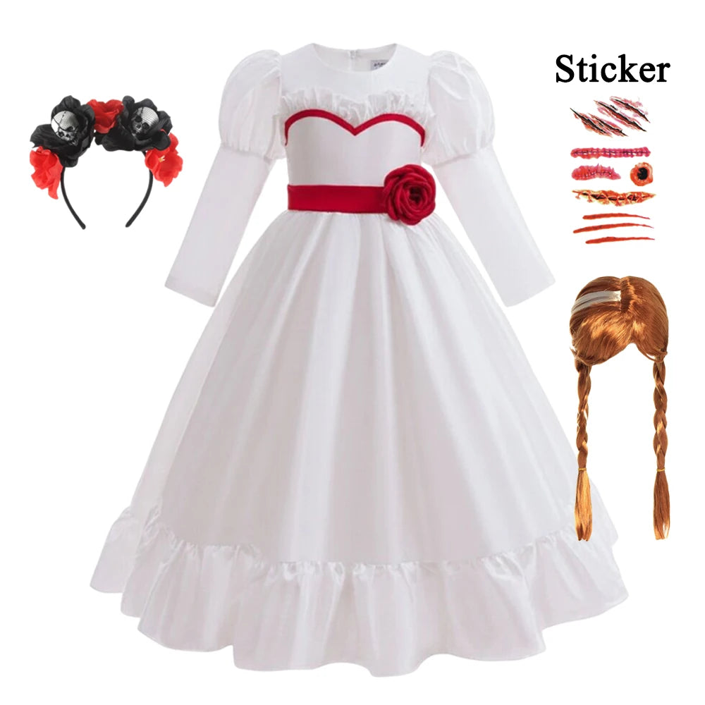 Girls Halloween Costume | Annabelle Design | Midcalf White Dress | Sizes 2T To 10T