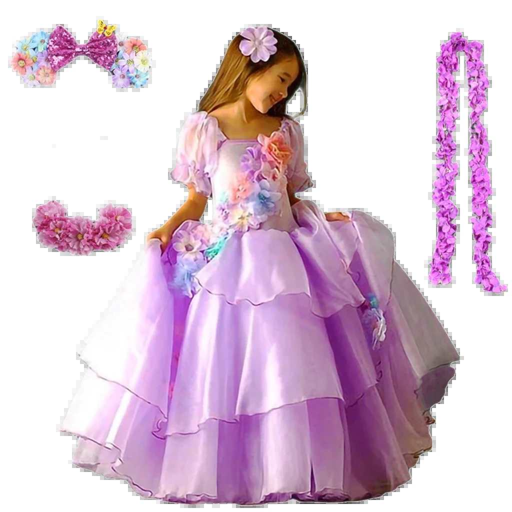 Enchanted Puff Sleeve Tutu Dress for Girls - Backless Halloween Cosplay Costume with Floral Design