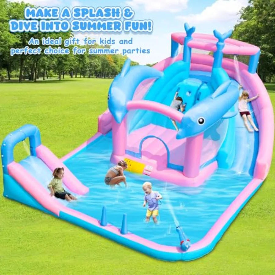 Inflatable Water Slide Dolphin Bounce House With Splash Pool