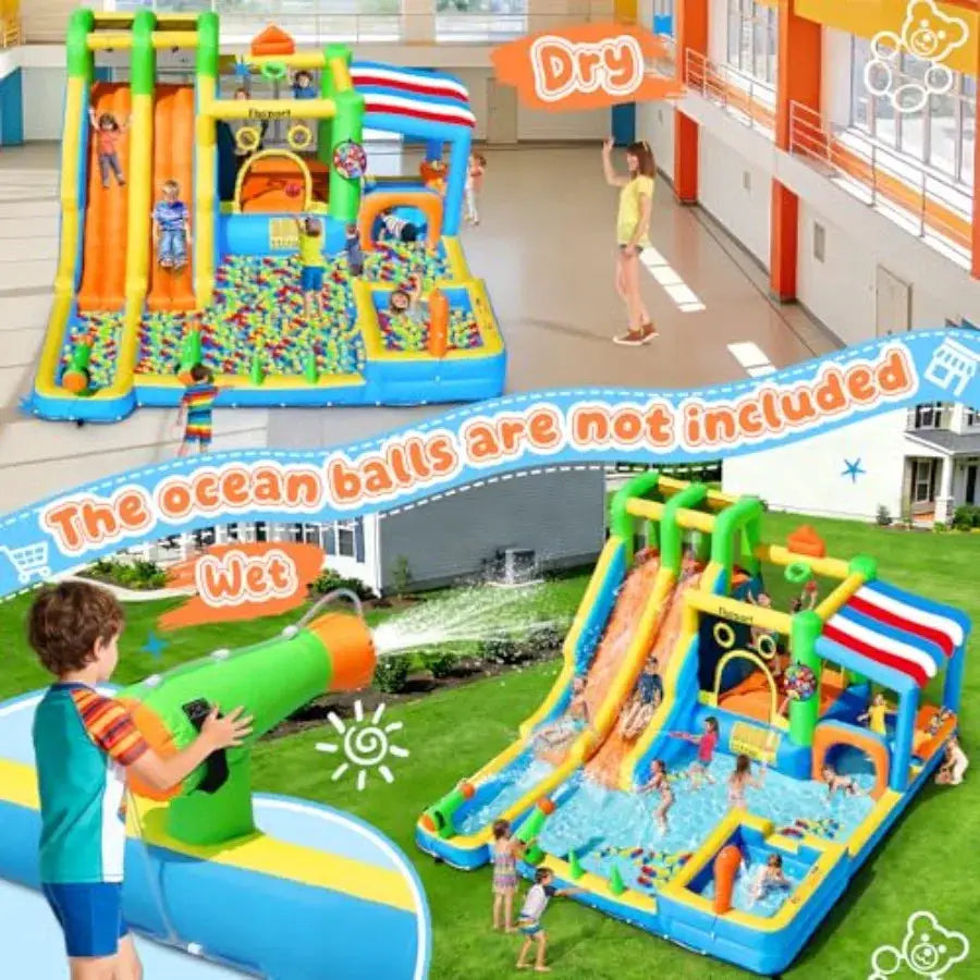 Backyard inflatable bounce house with double water slide, PVC material, blue and yellow, 11-in-1 design including splash pool a - ToylandEU