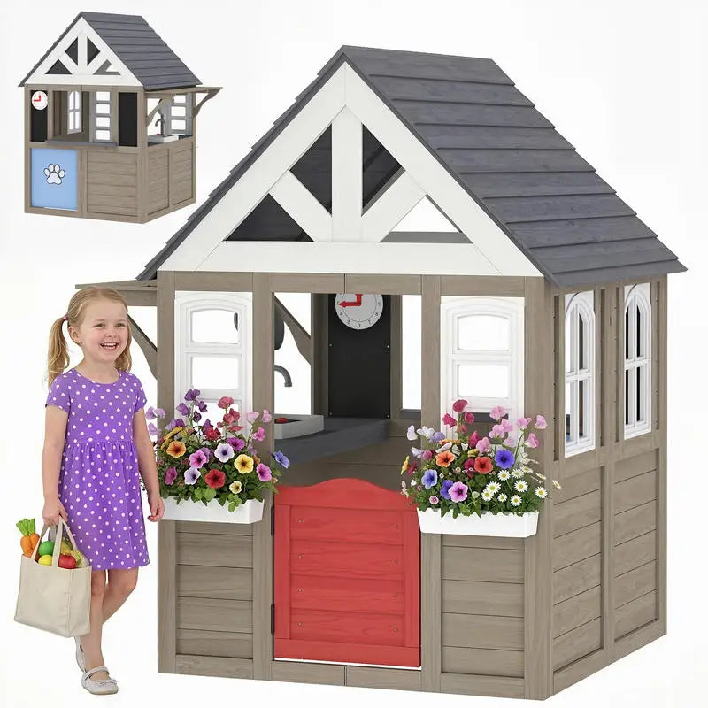 Wooden Outdoor Playhouse For Kids With Stove Set Backyard Fun