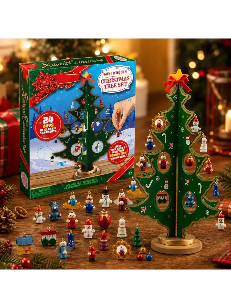 Advent Calendar | 24 Day Tabletop Wooden Christmas Tree | 28 Ornaments Snowman And Santa | Kids Party Favors Gift