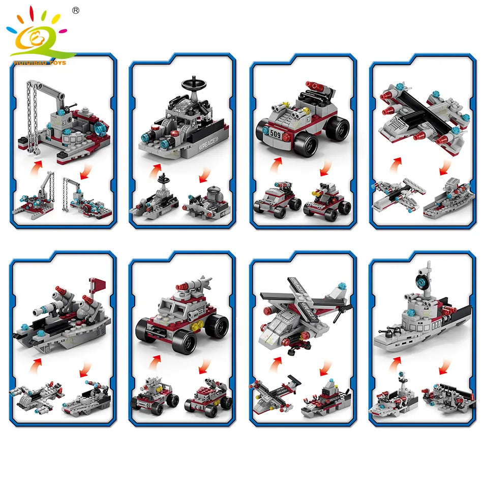 Huiqibao Toys 8-in-1 Eco-Friendly Military Aircraft Cruiser Building Blocks with 554pcs