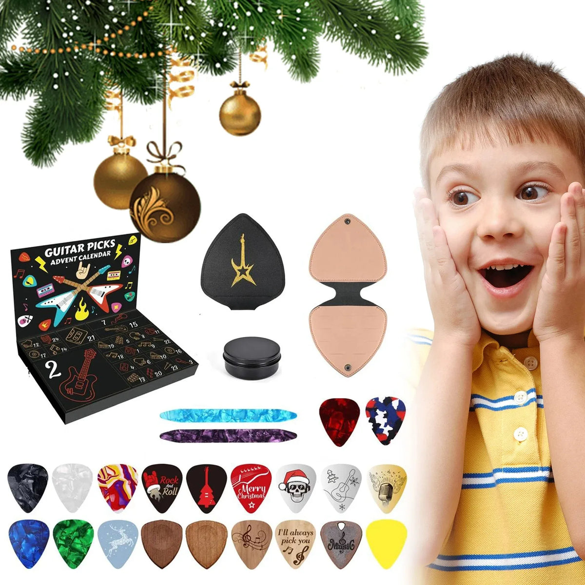 Advent Calendar | 24 Day Guitar Pick Set | 20 Picks 2 Oud Picks And Holder | Gift For Guitar Bass Ukulele Players
