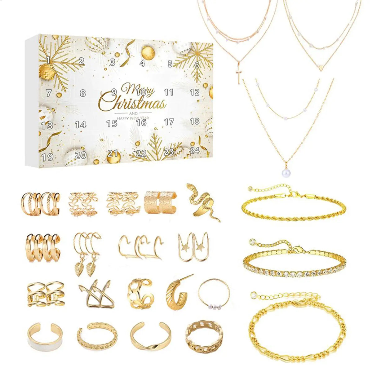 Advent Calendar | 24 Day Gold Jewelry Countdown | Necklaces Bracelets And Earrings | Surprise Gift For Women